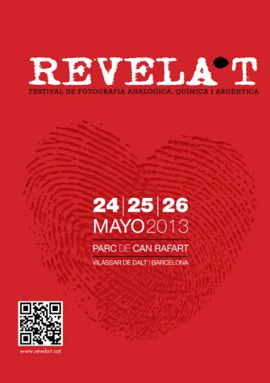 Poster for Revelat, a photography and analog art festival, on a red background with fingerprint heart motif and event dates May 24–26, 2013 in Vilassar de Dalt, Barcelona, plus QR code and venue Parc de Can Rafart.