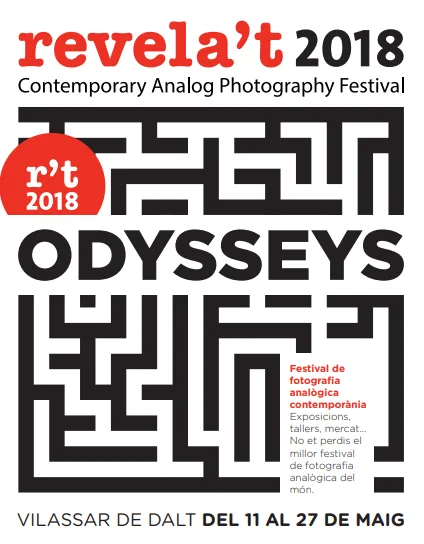 Poster for revela't 2018 Contemporary Analog Photography Festival, featuring a black maze graphic and bold text 'ODYSSEYS' with dates May 11–27 in Vilassar de Dalt.