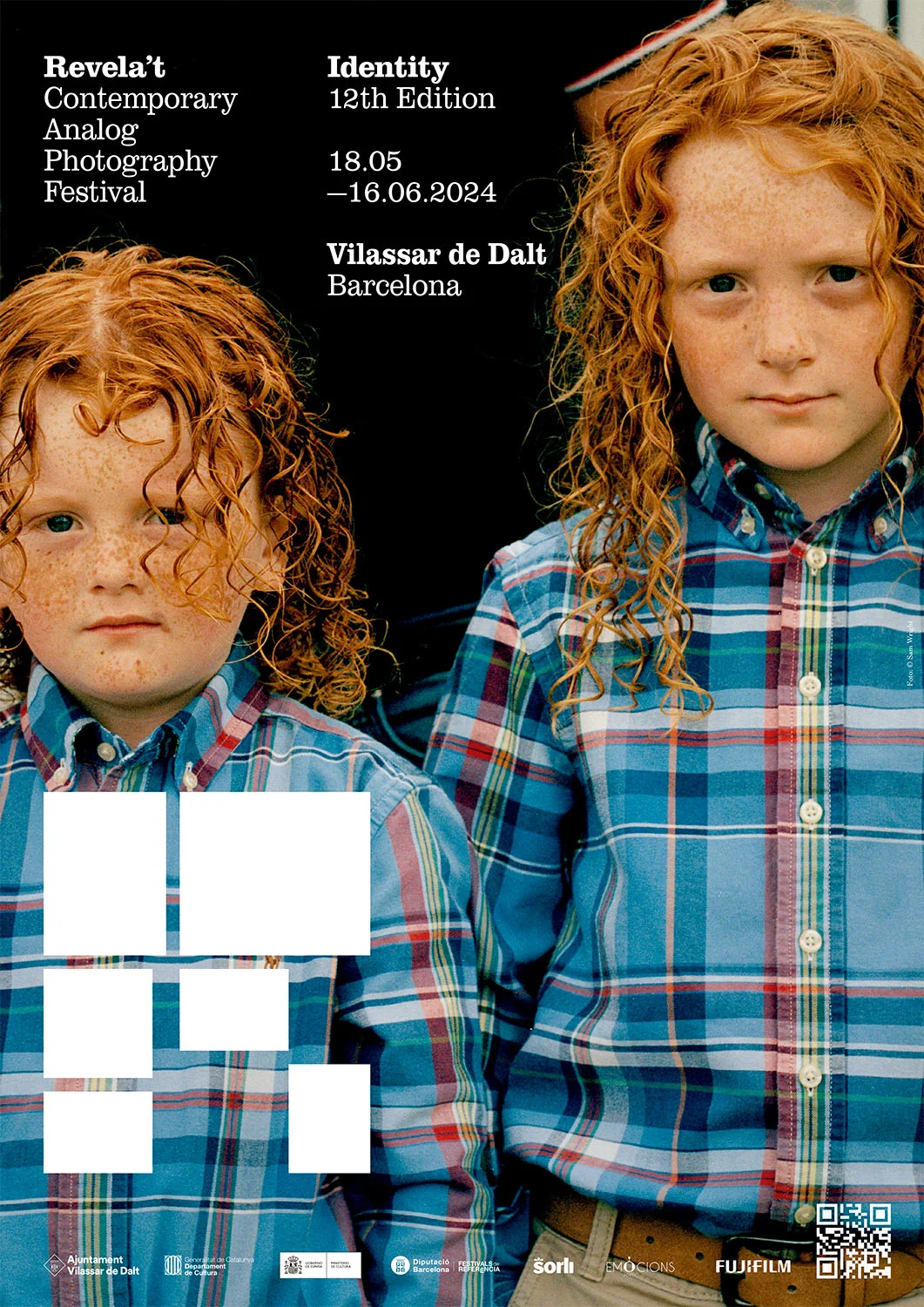 2024 - Revela't 2026 Poster for Revela't Contemporary Analog Photography Festival: Identity, 12th edition, Vilassar de Dalt, Barcelona (18.05–16.06.2024), two red-haired children in plaid shirts.