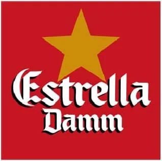 Estrella Damm beer logo: red square with a gold star and the white Gothic-styled brand name.