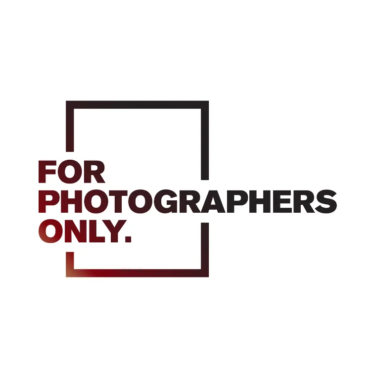 Logo with the words 'FOR PHOTOGRAPHERS ONLY' inside a gradient red-to-black square frame.