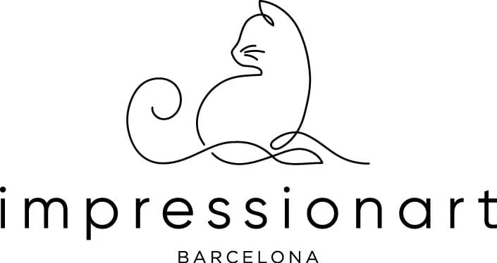 Continuous-line illustration of a curled cat above the word 'impressionart' with 'BARCELONA' beneath.