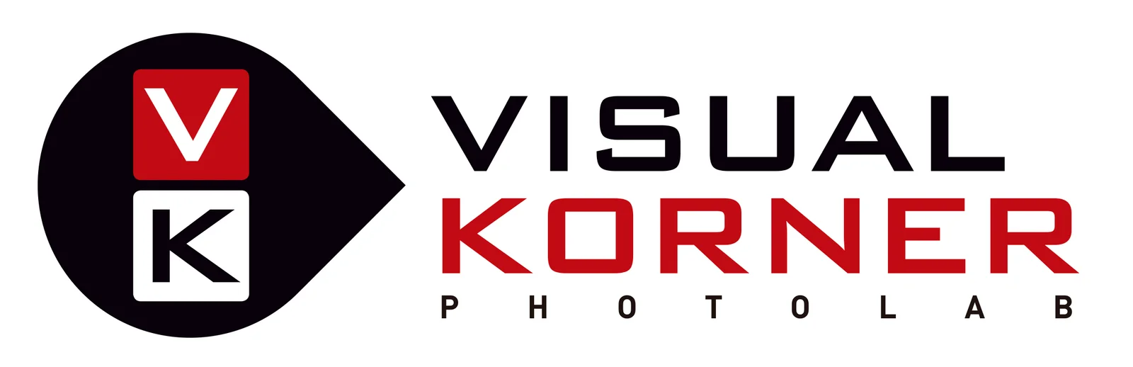 Logo for Visual Korner Photo Lab with a black rounded shape and red/white VK blocks on the left, and the words VISUAL KORNER PHOTO LAB on the right