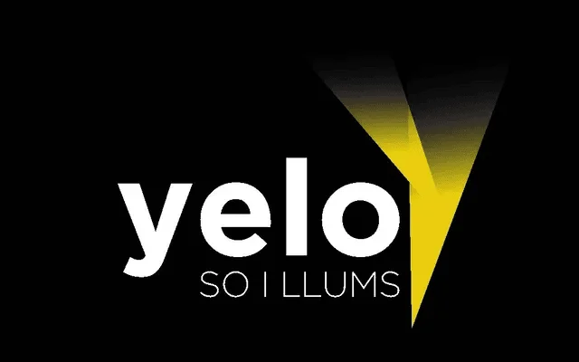 Brand logo on black background: the word 'yelo' with a yellow angular accent resembling a V to the right.
