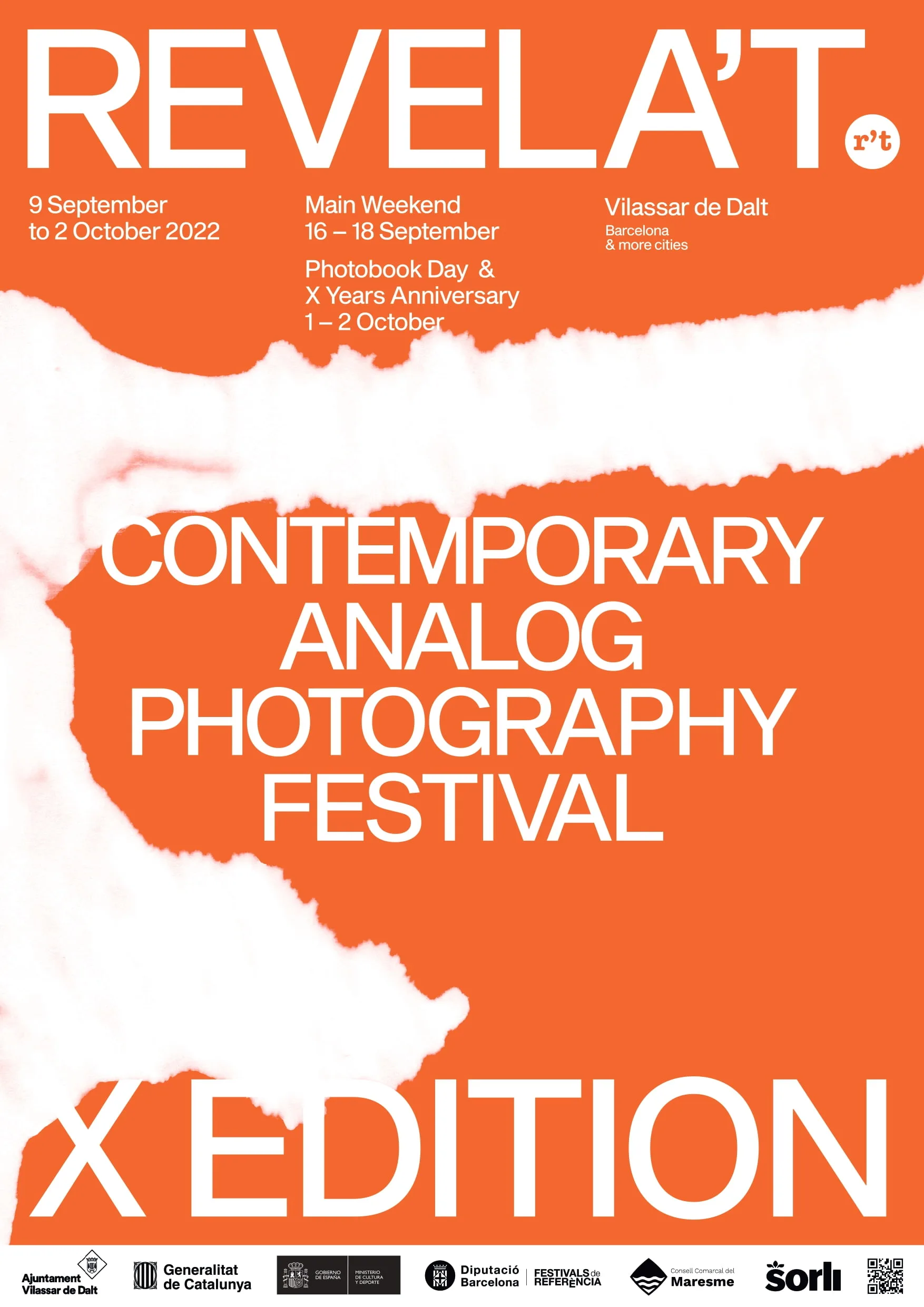 AAFF_SM_Posters_Tipografico_Revelat_page-0001jpg - Revela't 2026 Poster for Revelat: Contemporary Analog Photography Festival in Vilassar de Dalt, Sept 9–Oct 2, 2022 (orange with large white text).