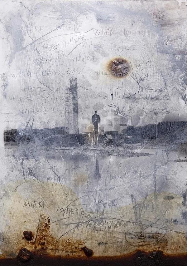 Solitary man standing in a desolate, reflective landscape painted on a weathered wall with scribbled graffiti and rust at the bottom.