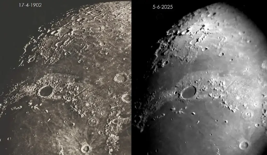 Dos imagens comparativas de la luna, una de 1902 y otra de 2025