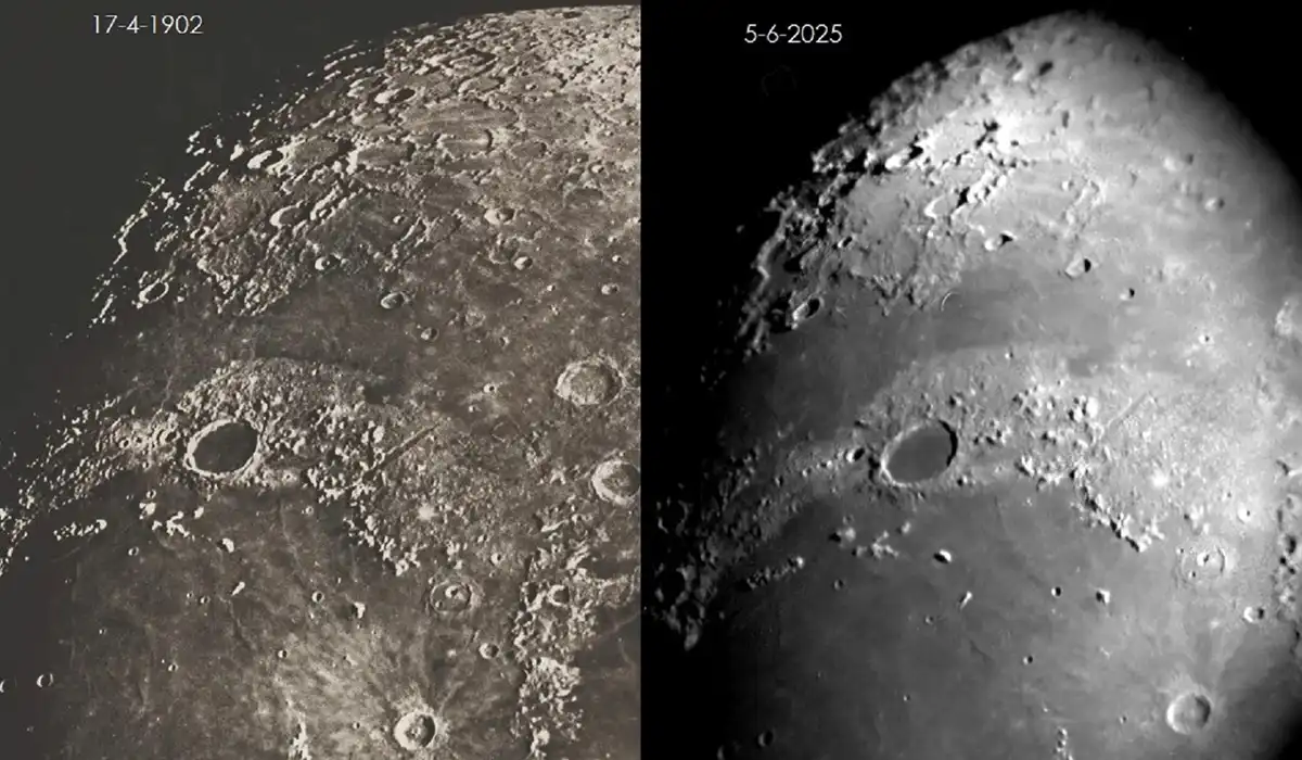 Comparativa Plató.1 Dos imagens comparativas de la luna, una de 1902 y otra de 2025