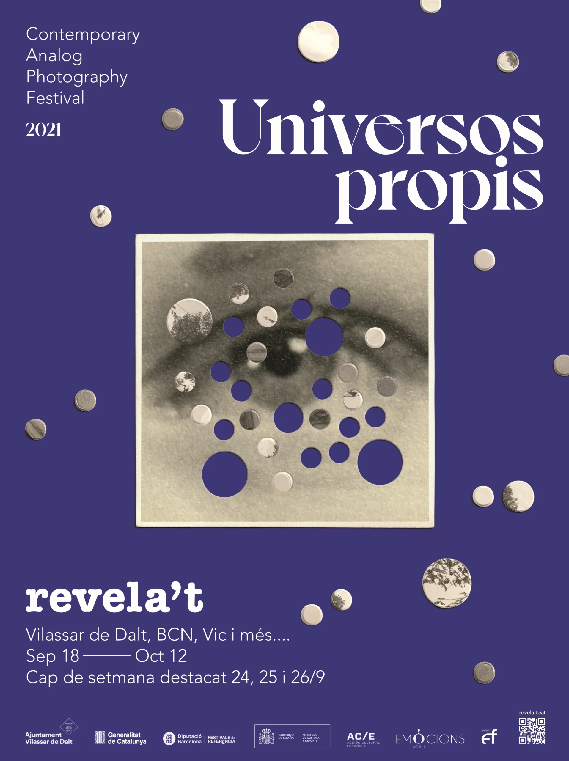 OPI-RevelaT_CAT_01_IMPRENTA-1-scaled - Revela't 2026 Poster advertising a Contemporary Analog Photography Festival (2021) with the title 'Universos propis' on a purple background and scattered circular shapes/speckled images.