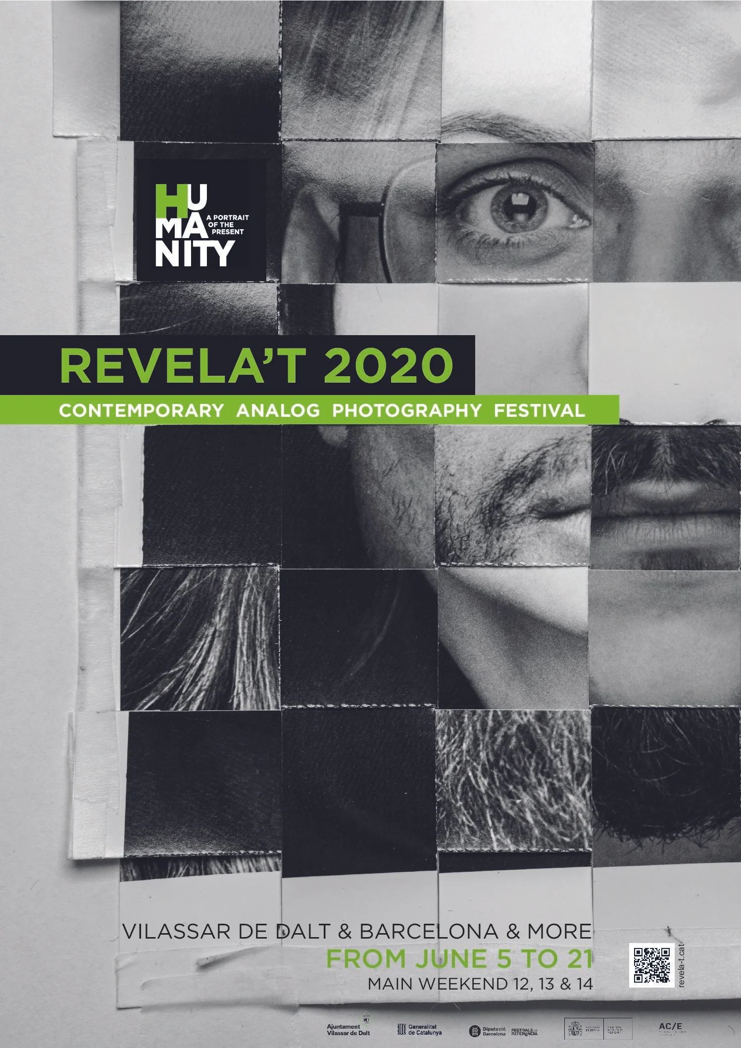 Poster-A3-2020B-pdf - Revela't 2026 Poster for Revela't 2020: Contemporary Analog Photography Festival, with a grid collage and green title banner reading 'REVELA'T 2020'