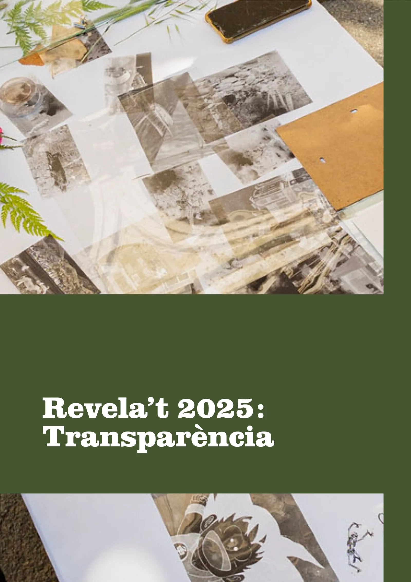Transparencia_2025_imatges-scaled - Revela't 2026 Collage of black-and-white photos spread across a white table, with a phone and green plants; page title hints at transparency.