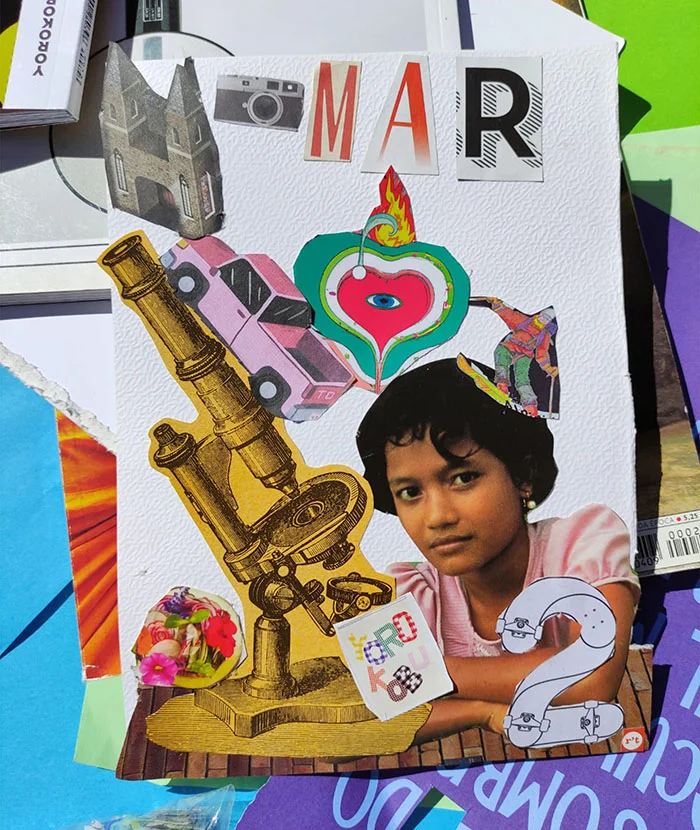 Colorful collage poster with cut-out letters reading MAR, a girl’s portrait, a brass telescope, a heart with an eye, and vintage imagery.