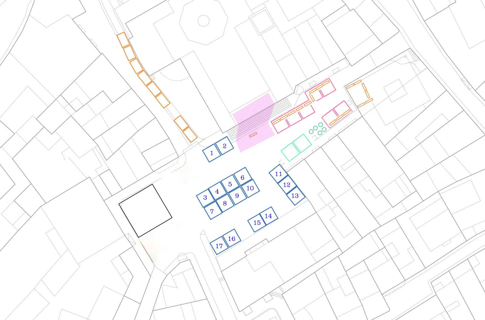 market-placa-vila-2026 - Revela't 2026 Technical site plan showing numbered blue blocks (1–17) and colored zones around a central area, with surrounding buildings and streets manifesting as light linework and colored highlights.