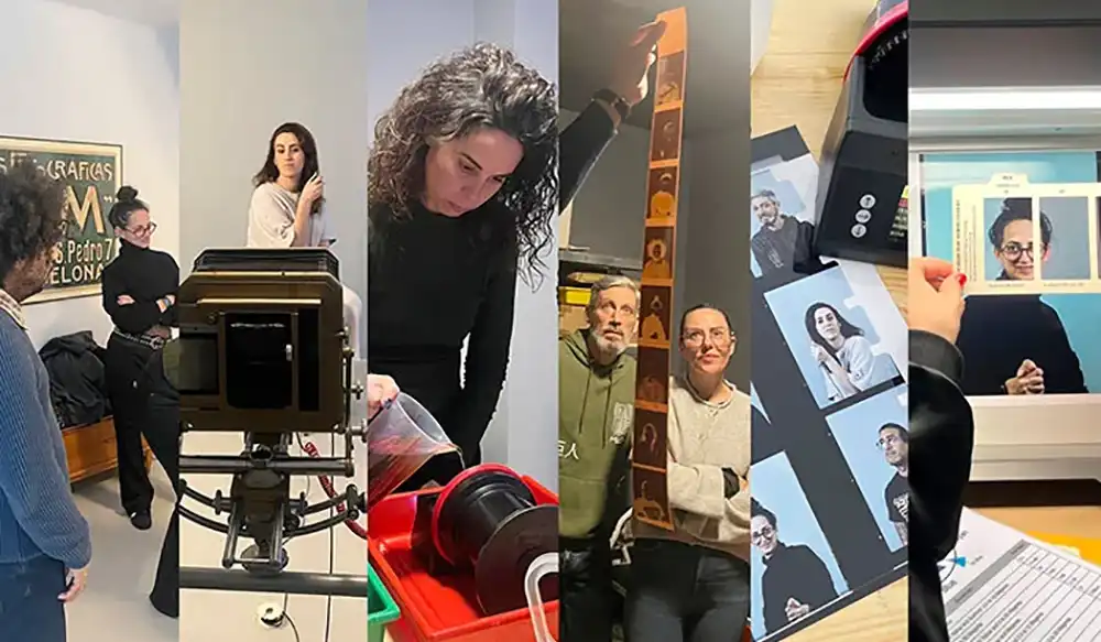 taller-1 - Revela't 2026 collage of people in a studio with a large printer, camera gear, and photo proofs laid out on a table