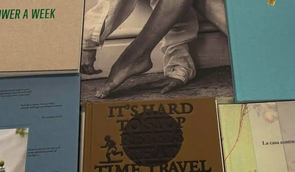 Collage of book covers; central brown cover with bold title 'IT'S HARD TO STOP TIME TRAVEL' and a black circular shape over it, flanked by blue and teal covers and a black-and-white photo of legs walking/dancing above.